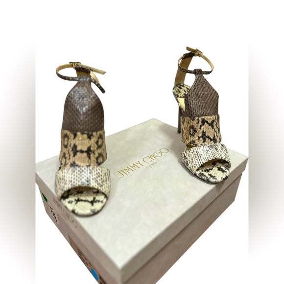Authentic Jimmy Choo Timbus Snake Print Colorblock Sandals - Picture 1 of 9